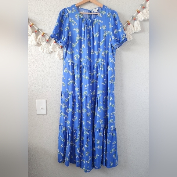J. Crew Blue Floral Puff Sleeve Tiered Midi Dress Boho Peasant Flowy Beachy L - Picture 1 of 13